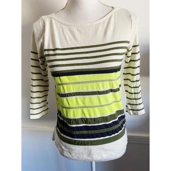 J Crew - Grey Cream Chartreuse/Green Striped Tee Shirt - Picture 1 of 6